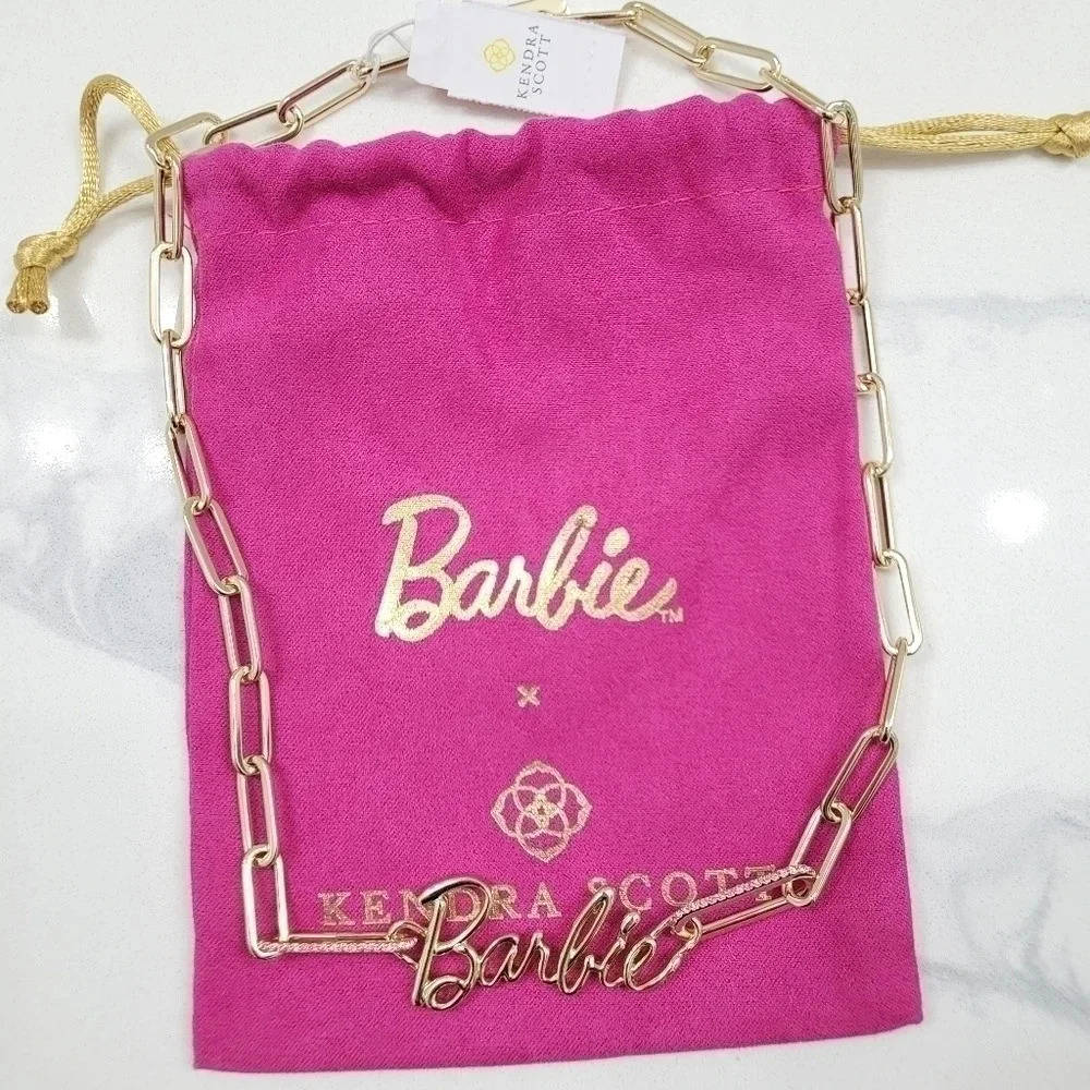 NWT Barbie x Kendra Scott Gold Link and Chain Necklace in Pink Crystal